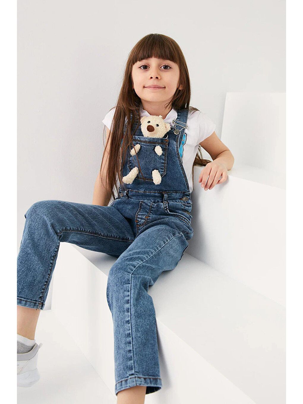 Mavi Ayıcık Detaylı Çocuk Jean Salopet