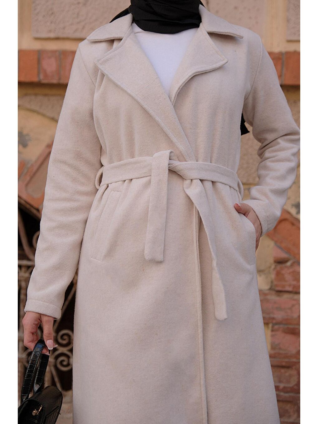 Ekru Bel Bağlamalı Çift Cepli Kaban Krem-2