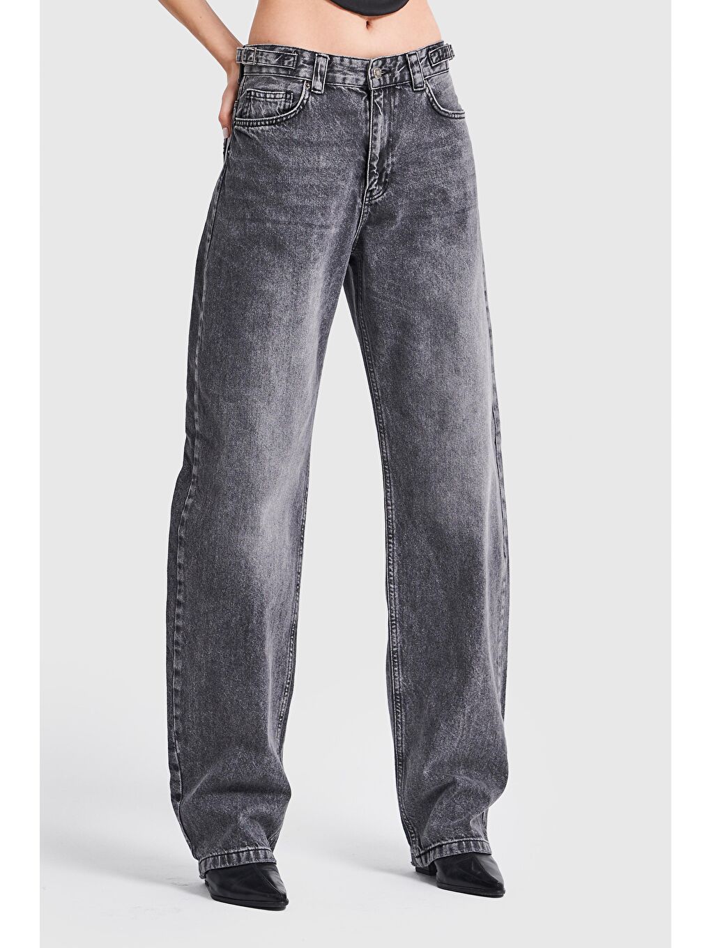 Gri Kadın Belden Ayarlı Kemer Süper Uzun Bol Kesim Jean-1