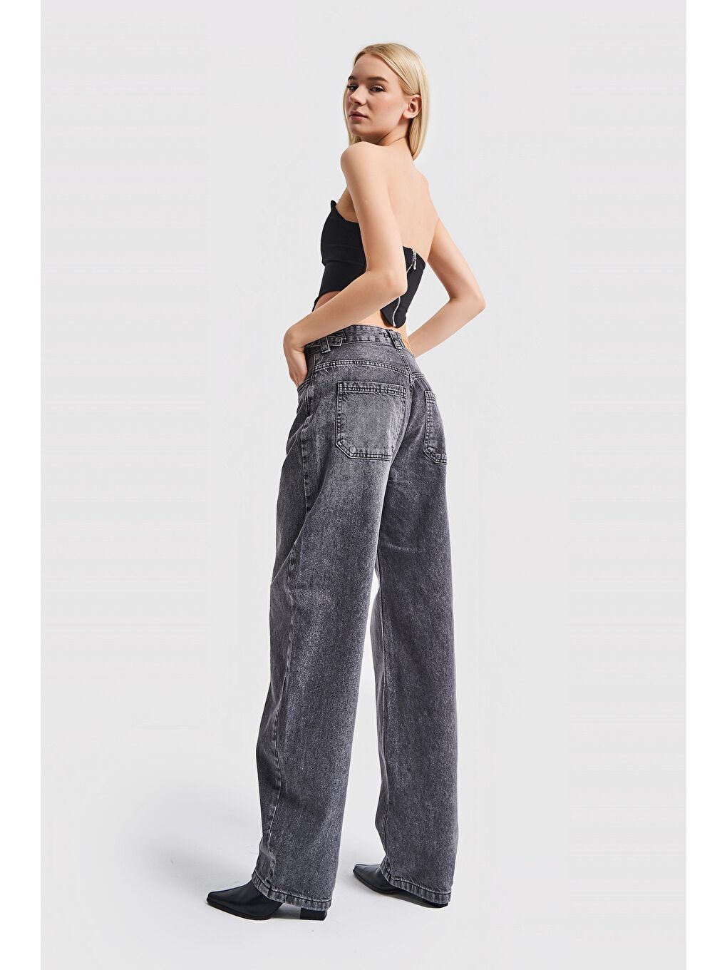 Gri Kadın Belden Ayarlı Kemer Süper Uzun Bol Kesim Jean-2