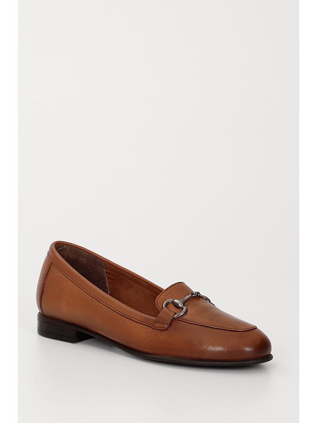 Kahverengi Hakiki Deri Yuvarlak Burun Düz Taban Tokalı Kadın Babet 24162-4