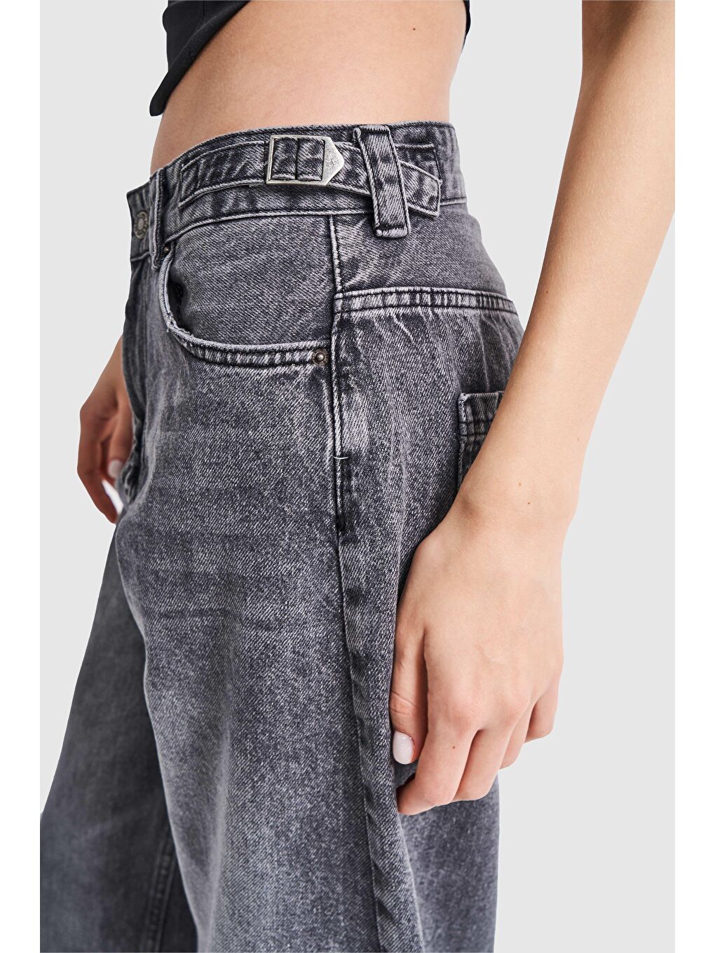 Gri Kadın Belden Ayarlı Kemer Süper Uzun Bol Kesim Jean-4