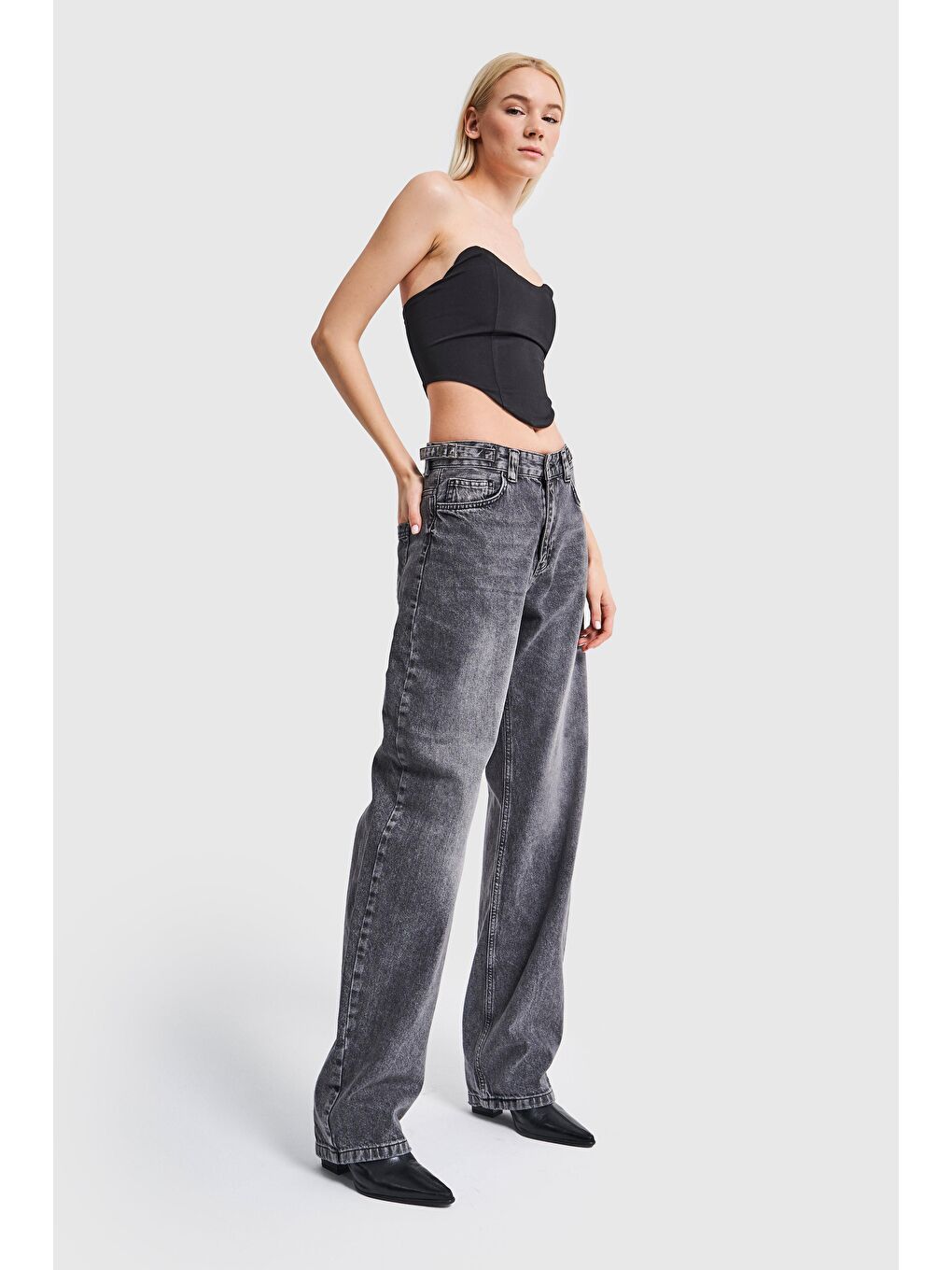 Gri Kadın Belden Ayarlı Kemer Süper Uzun Bol Kesim Jean-5