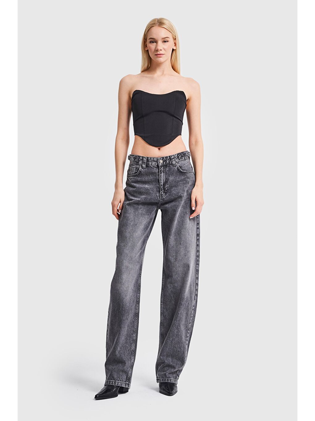 Gri Kadın Belden Ayarlı Kemer Süper Uzun Bol Kesim Jean-6