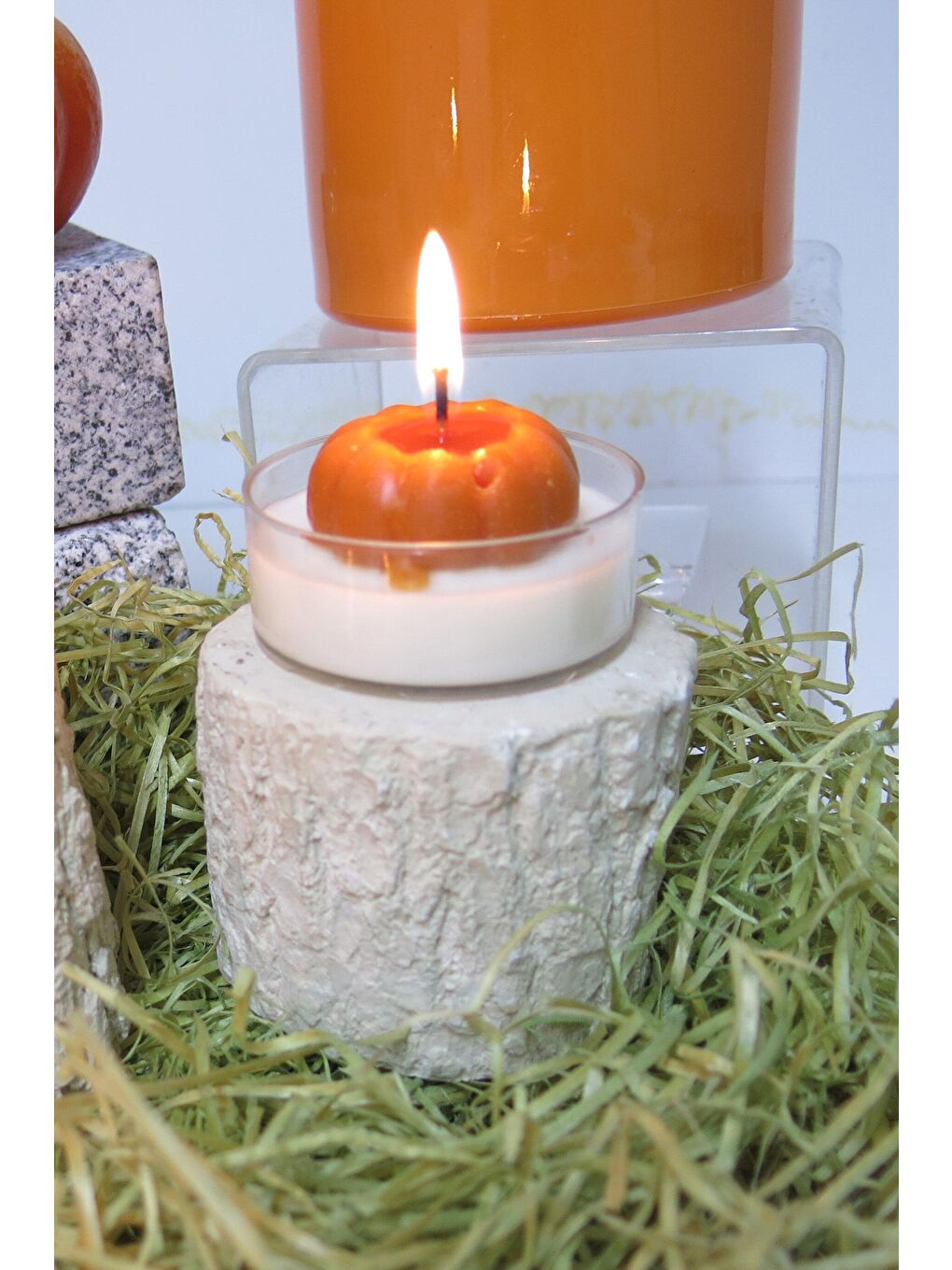 Missi Haki Balkabağı Kabartmalı 4 Adet Maxi Tealight Mum Seti - 4