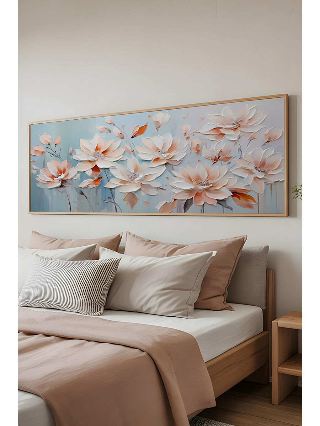 Beyaz Tek Parça Gerçek Ham Ahşap Yatay Panorama Çerçeveli Tablo - Model 13 - 33 x 70