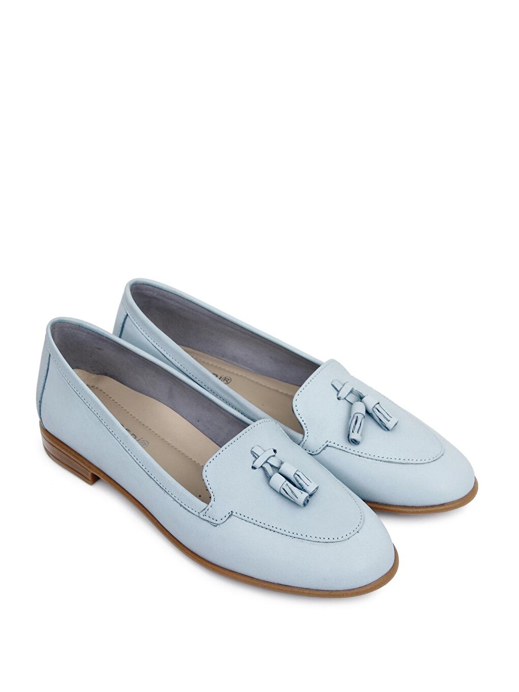 Mavi Hakiki Deri Yuvarlak Burun Düz Taban Püsküllü Kadın Babet 24259-1