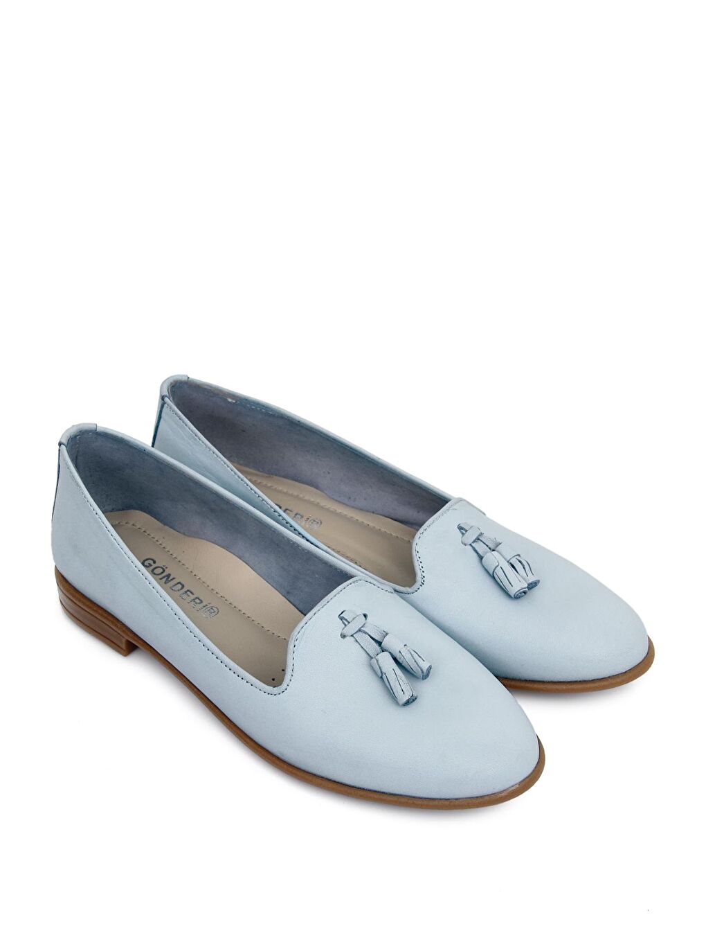 Mavi Hakiki Deri Yuvarlak Burun Düz Taban Püsküllü Kadın Babet 24160-1