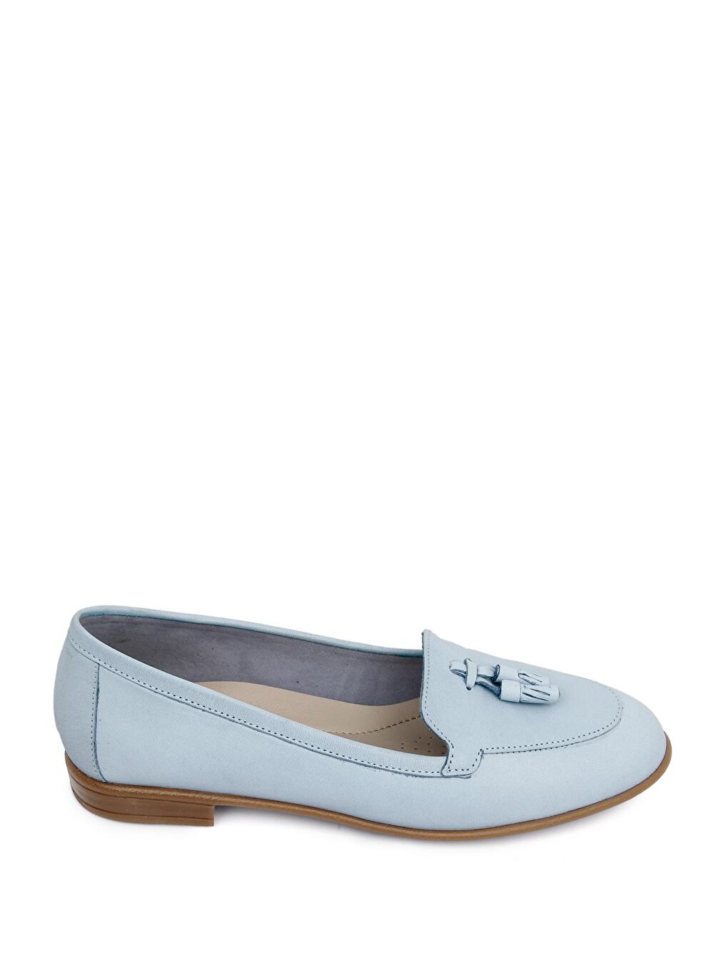 Mavi Hakiki Deri Yuvarlak Burun Düz Taban Püsküllü Kadın Babet 24259-3