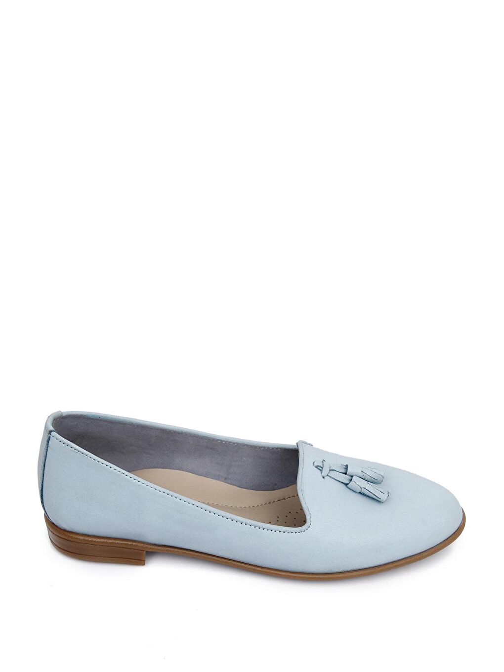 Mavi Hakiki Deri Yuvarlak Burun Düz Taban Püsküllü Kadın Babet 24160-3