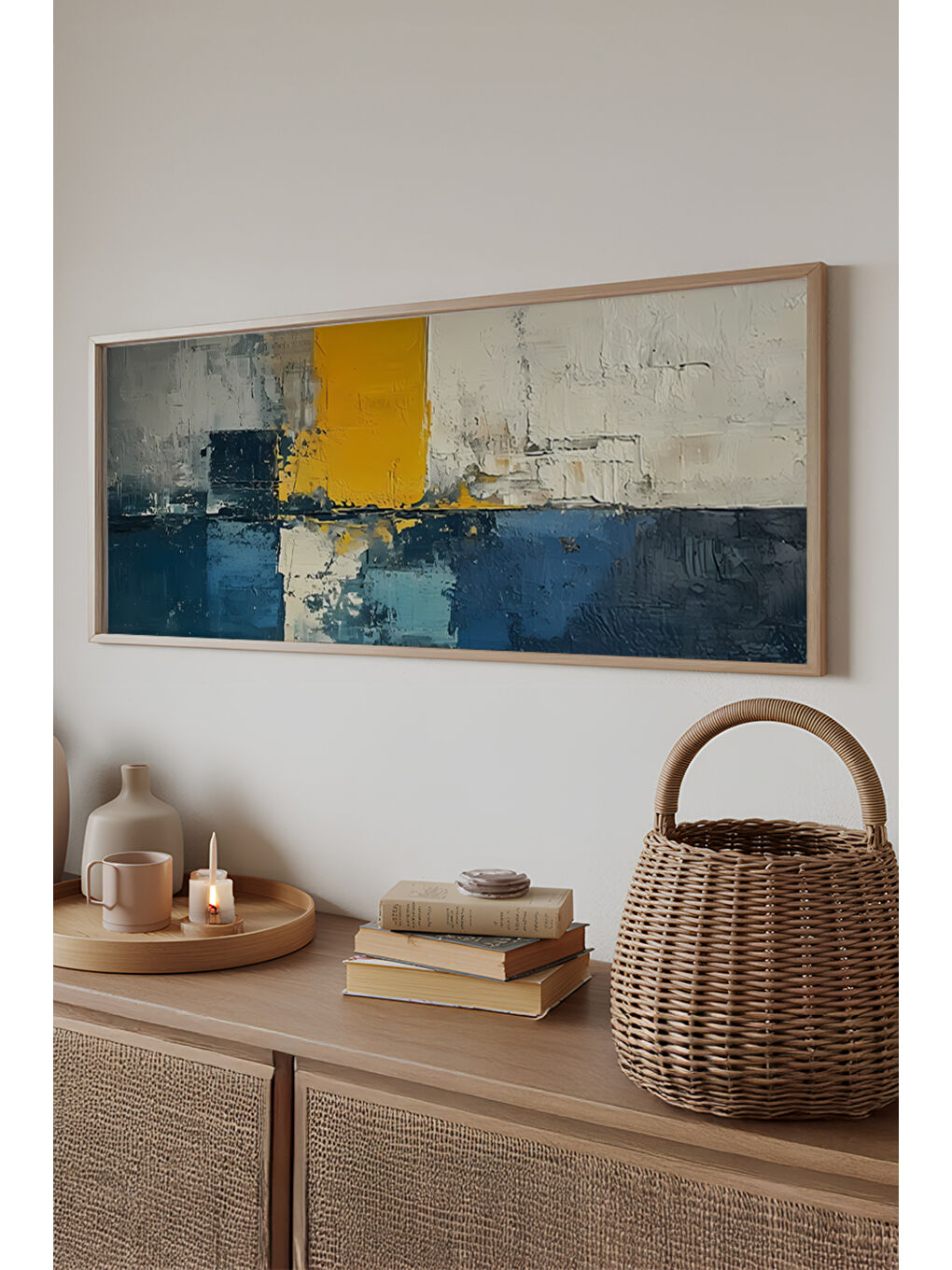 Beyaz Tek Parça Gerçek Ham Ahşap Yatay Panorama Çerçeveli Tablo - Model 14 - 50 x 120