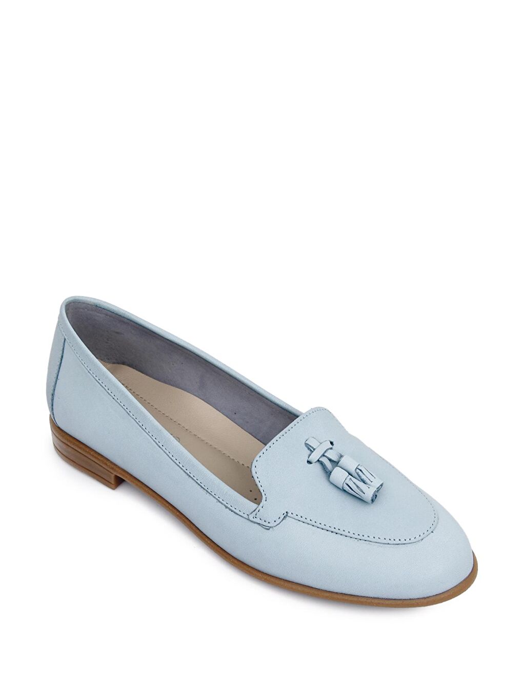 Mavi Hakiki Deri Yuvarlak Burun Düz Taban Püsküllü Kadın Babet 24259-4