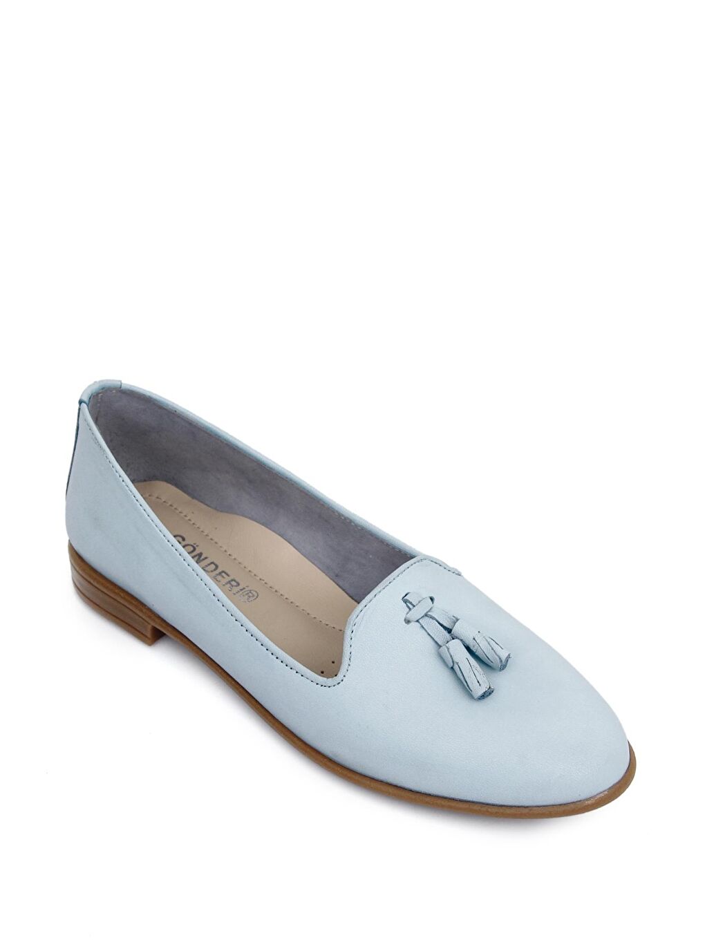 Mavi Hakiki Deri Yuvarlak Burun Düz Taban Püsküllü Kadın Babet 24160-4