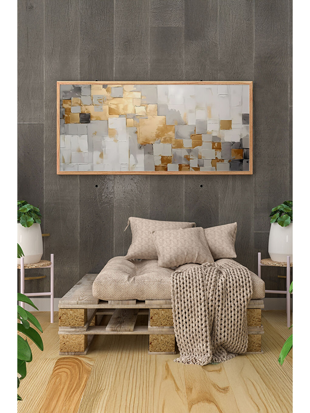 Beyaz Tek Parça Gerçek Ham Ahşap Yatay Panorama Çerçeveli Tablo - Model 17 - 33 x 70