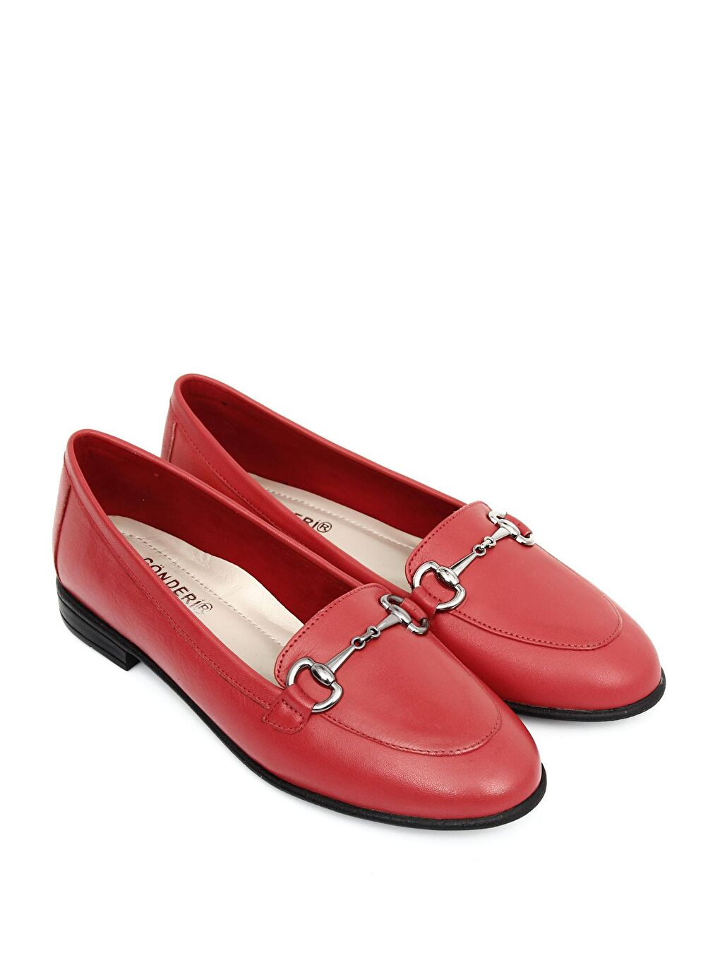 Kırmızı Hakiki Deri Yuvarlak Burun Düz Taban Tokalı Kadın Babet 24162-1