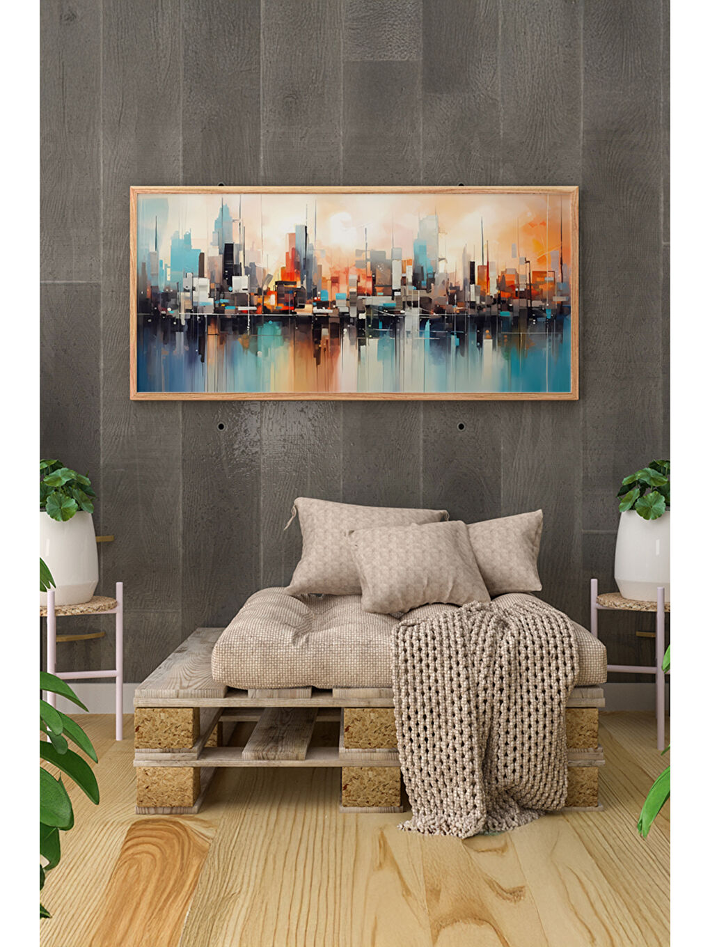 Beyaz Tek Parça Gerçek Ham Ahşap Yatay Panorama Çerçeveli Tablo - Model 19 - 50 x 120