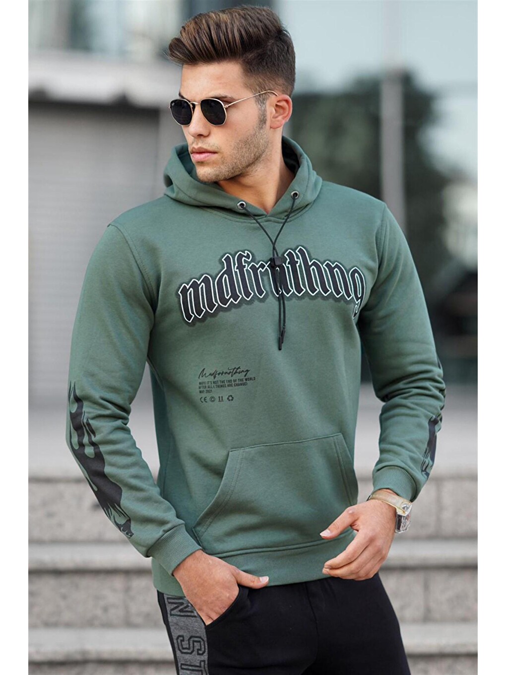 Haki Baskılı Erkek Kapüşonlu Sweatshirt 5312