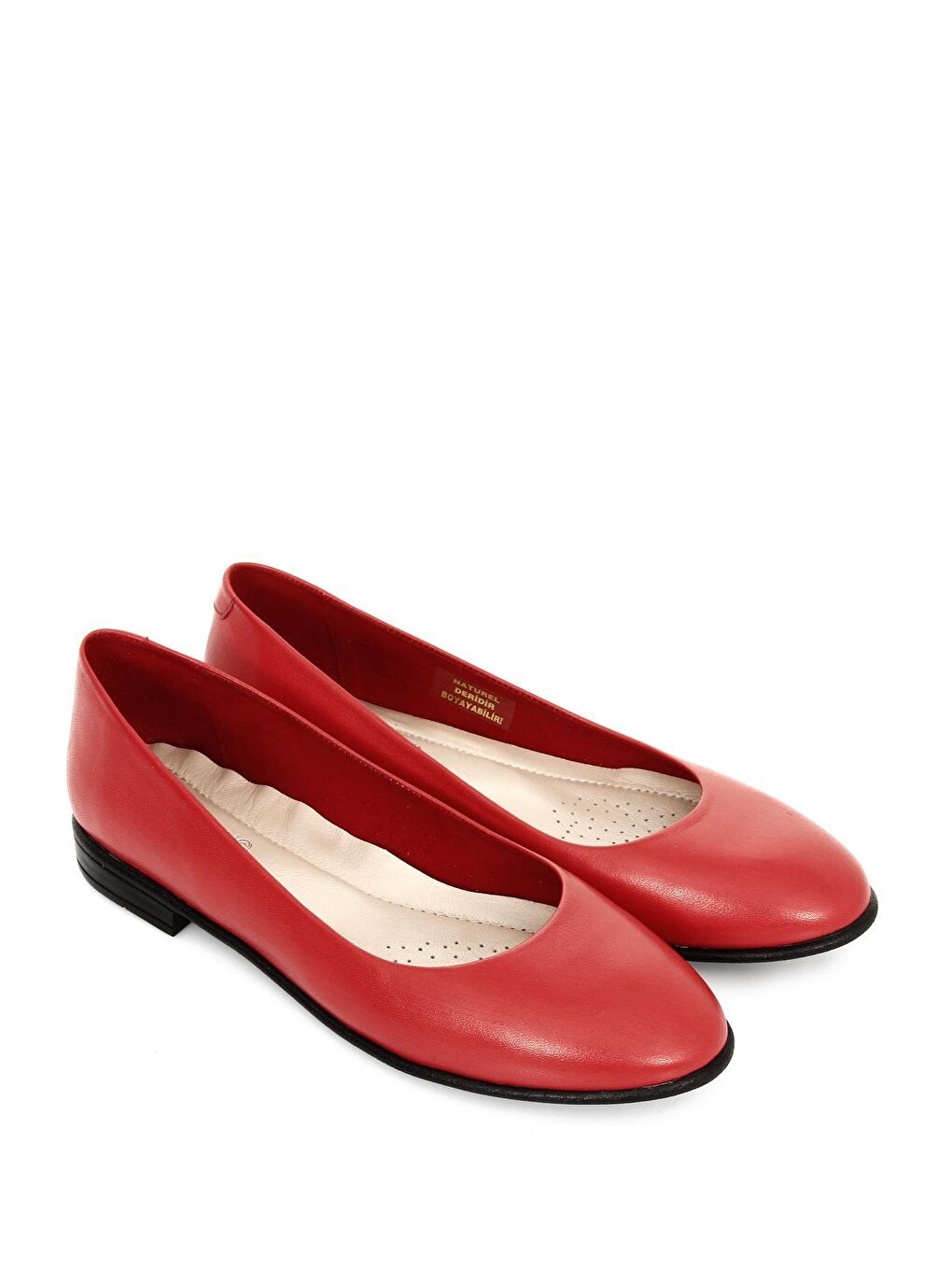 Kırmızı Hakiki Deri Yuvarlak Burun Düz Taban Kadın Babet 24164-1