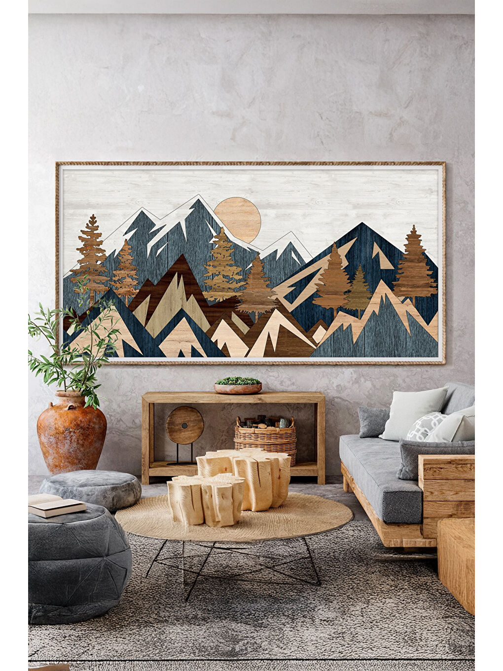 Beyaz Tek Parça Gerçek Ham Ahşap Yatay Panorama Çerçeveli Tablo - Model 8 - 33 x 70