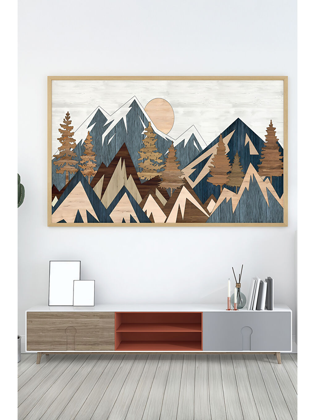 Beyaz Tek Parça Gerçek Ham Ahşap Yatay Panorama Çerçeveli Tablo - Model 8 - 50 x 120-1