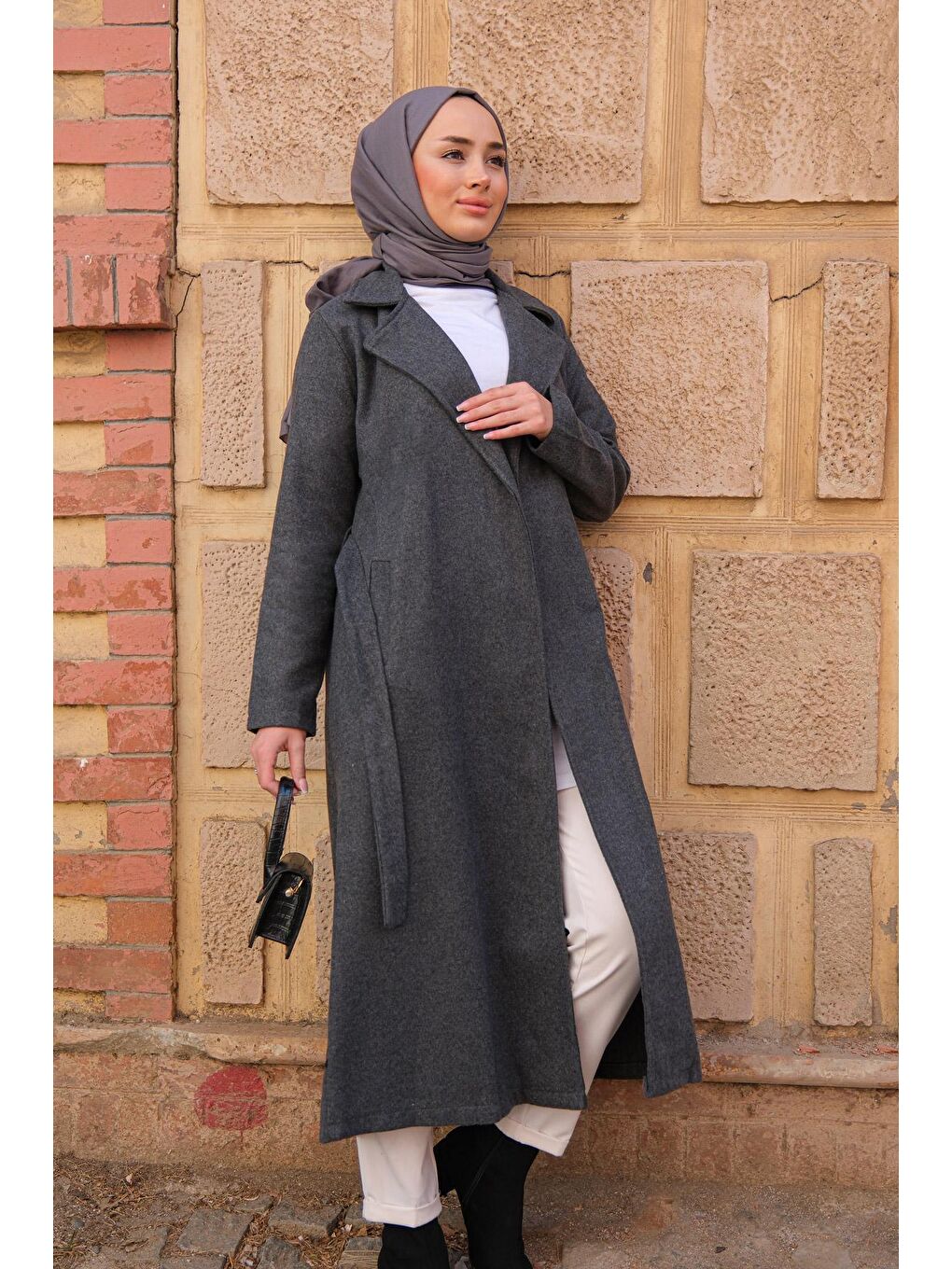 Bel Bağlamalı Çift Cepli Kaban Gri-1