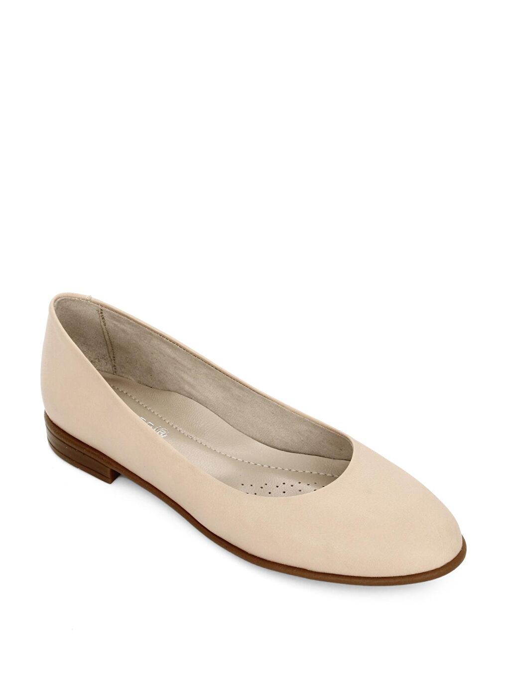 Bej Hakiki Deri Yuvarlak Burun Düz Taban Kadın Babet 24164-4