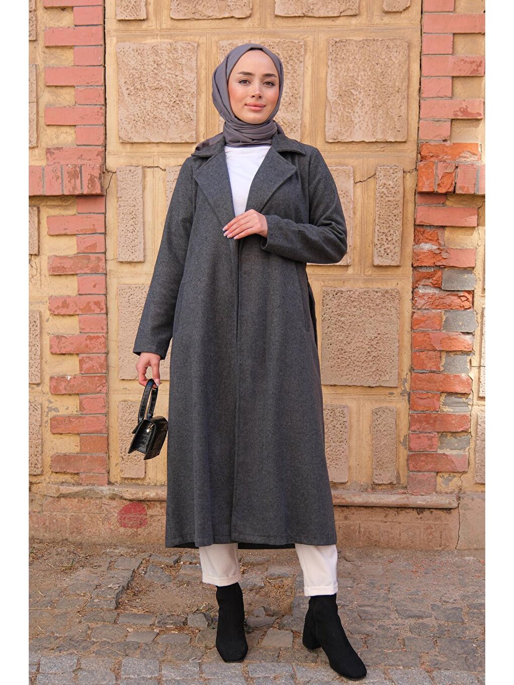 Bel Bağlamalı Çift Cepli Kaban Gri-2