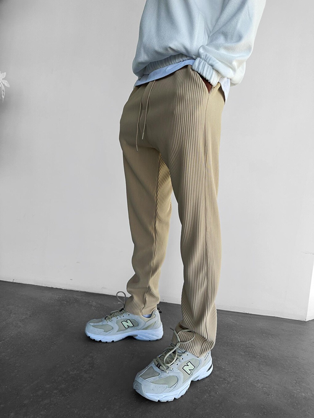 Oversize Fitilli Erkek Pantolon Bej-2