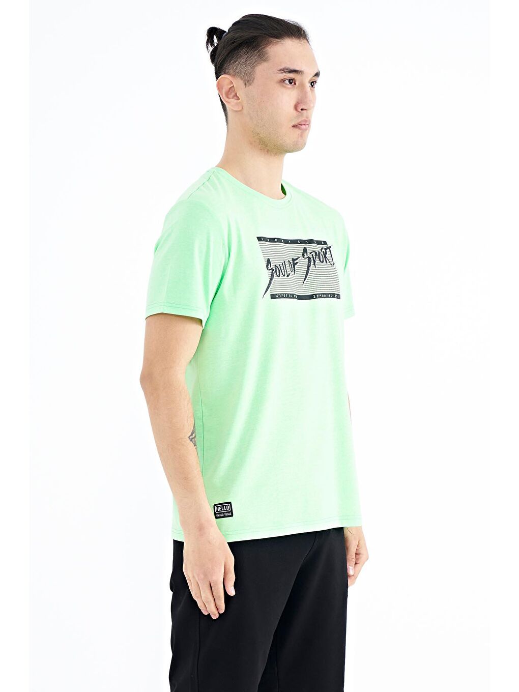 TOMMYLIFE Neonyeşil-Yeşil Neon Yeşil Yazı Desen Baskılı Standart Kalıp O Yaka Erkek T-Shirt - 88172 - 4