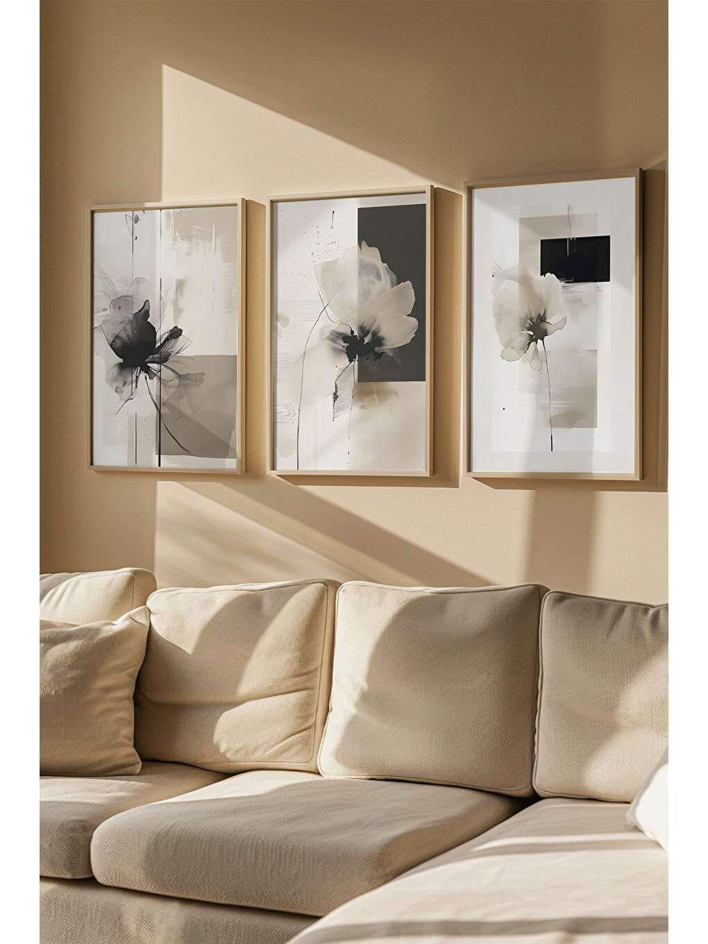 Beyaz 3 Parça Gerçek Ahşap Renkli Çerçeveli Tablo Seti - Model 40 - ARTVMODEL40-AHSAP