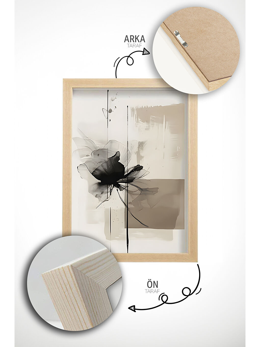 Beyaz 3 Parça Gerçek Ahşap Renkli Çerçeveli Tablo Seti - Model 40 - ARTVMODEL40-AHSAP-1