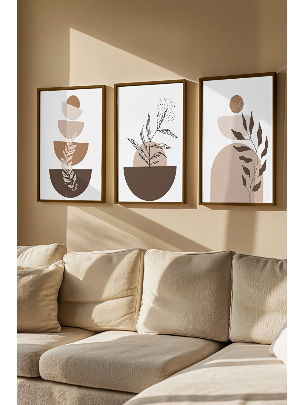 Beyaz 3 Parça Gerçek Ahşap Renkli Çerçeveli Tablo Seti - Model 4 - ARTVMODEL4-KAHVE