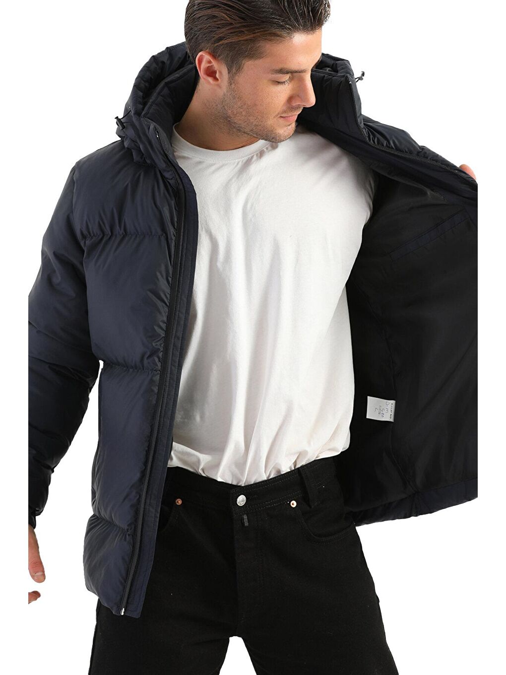 Lacivert Erkek Kapüşonlu  Şişme Mont RCDM-400-3