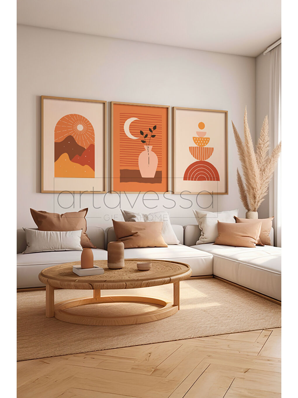 Beyaz 3 Parça Gerçek Ham Ahşap Çerçeveli Tablo Seti - Model 11 - AVSS3LUMDL11-3348