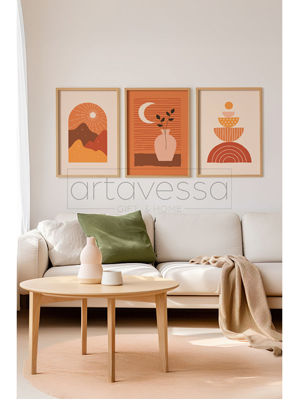 Beyaz 3 Parça Gerçek Ham Ahşap Çerçeveli Tablo Seti - Model 11 - AVSS3LUMDL11-3348-1