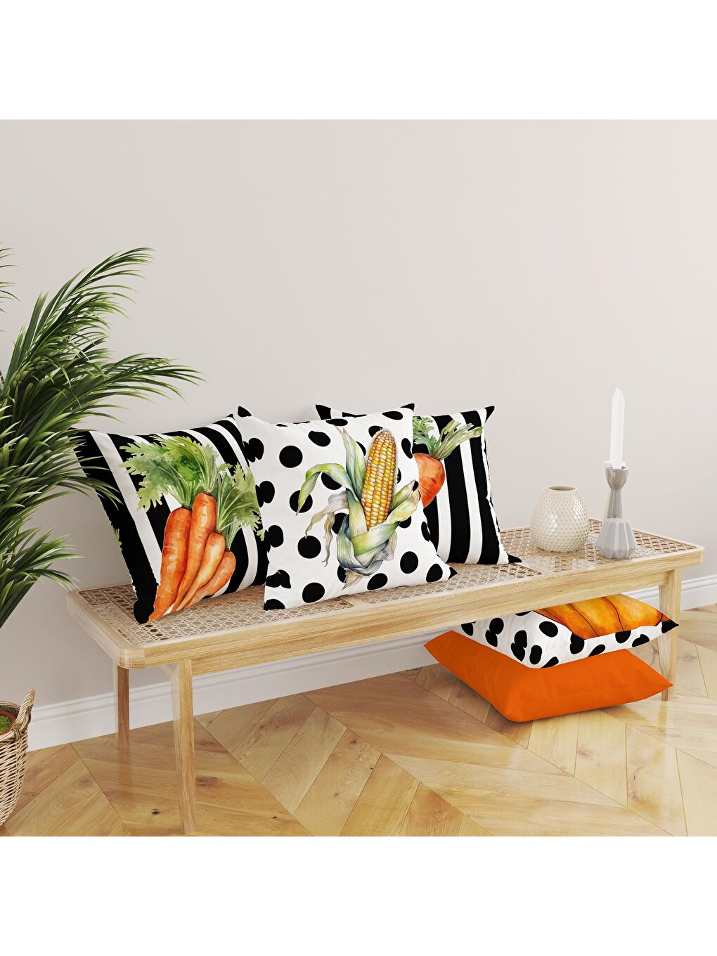 Karışık Çift Taraf Baskılı Kadife Doku Sonbahar Ve Kabak Desenli 4'lü Kırlent Seti