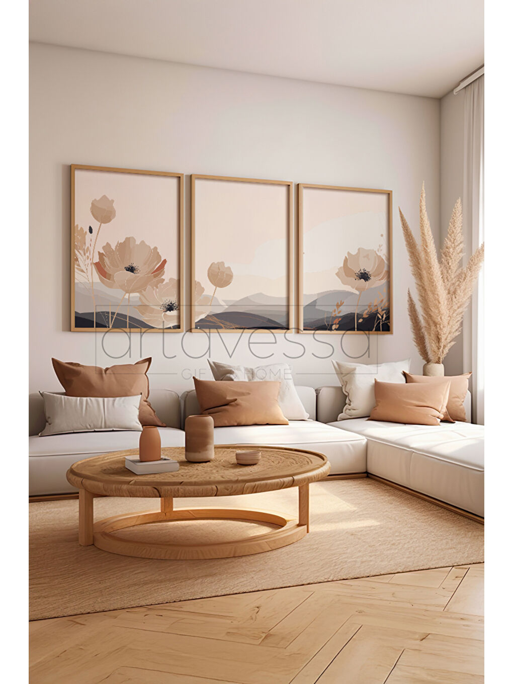 Beyaz 3 Parça Gerçek Ham Ahşap Çerçeveli Tablo Seti - Model 21 - AVSS3LUMDL21-3348