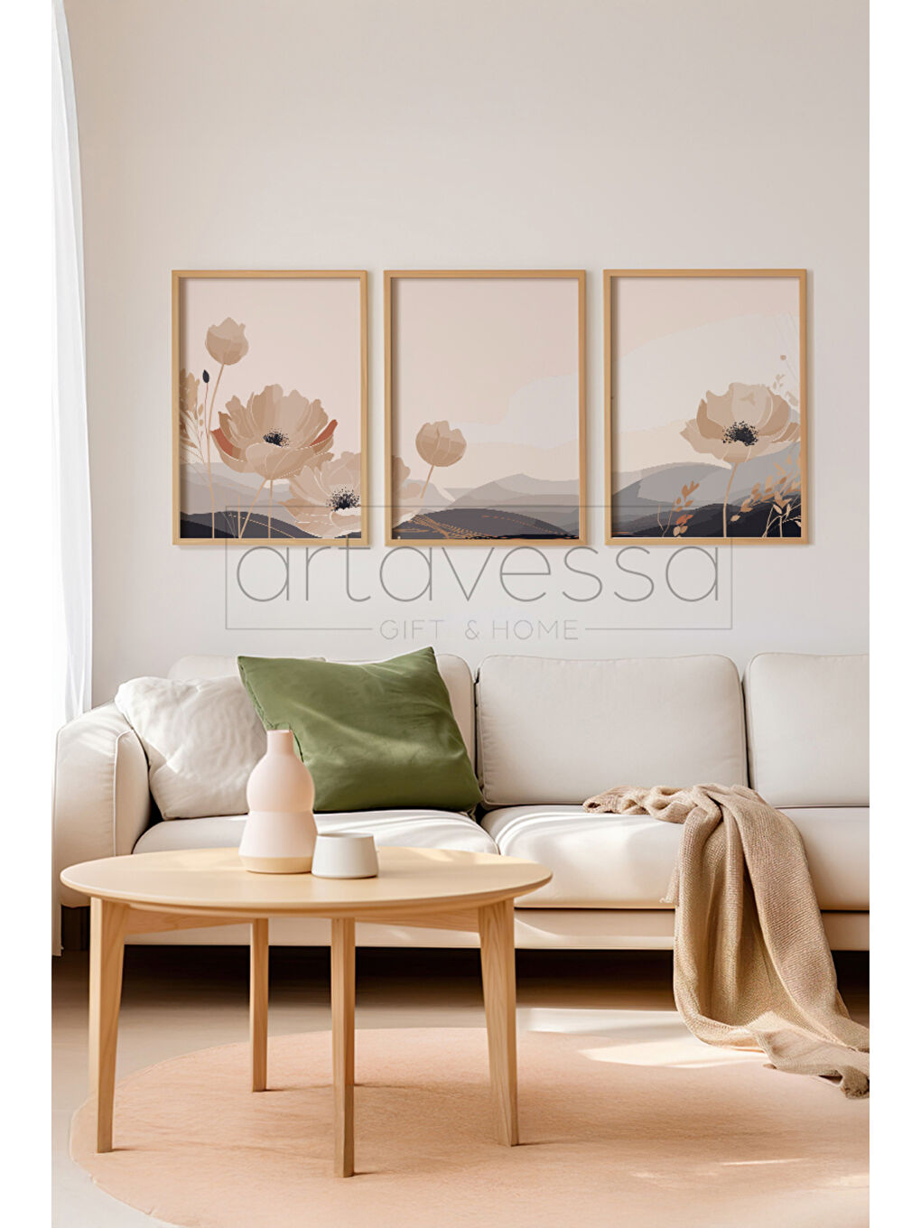 Beyaz 3 Parça Gerçek Ham Ahşap Çerçeveli Tablo Seti - Model 21 - AVSS3LUMDL21-3348-1