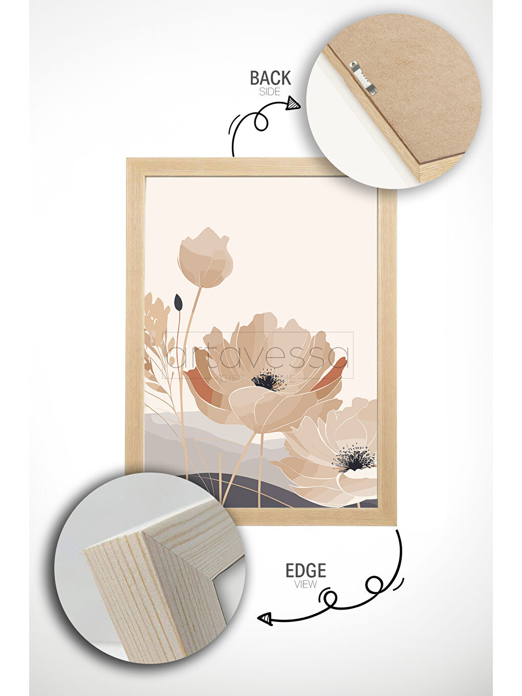 Beyaz 3 Parça Gerçek Ham Ahşap Çerçeveli Tablo Seti - Model 21 - AVSS3LUMDL21-3348-2