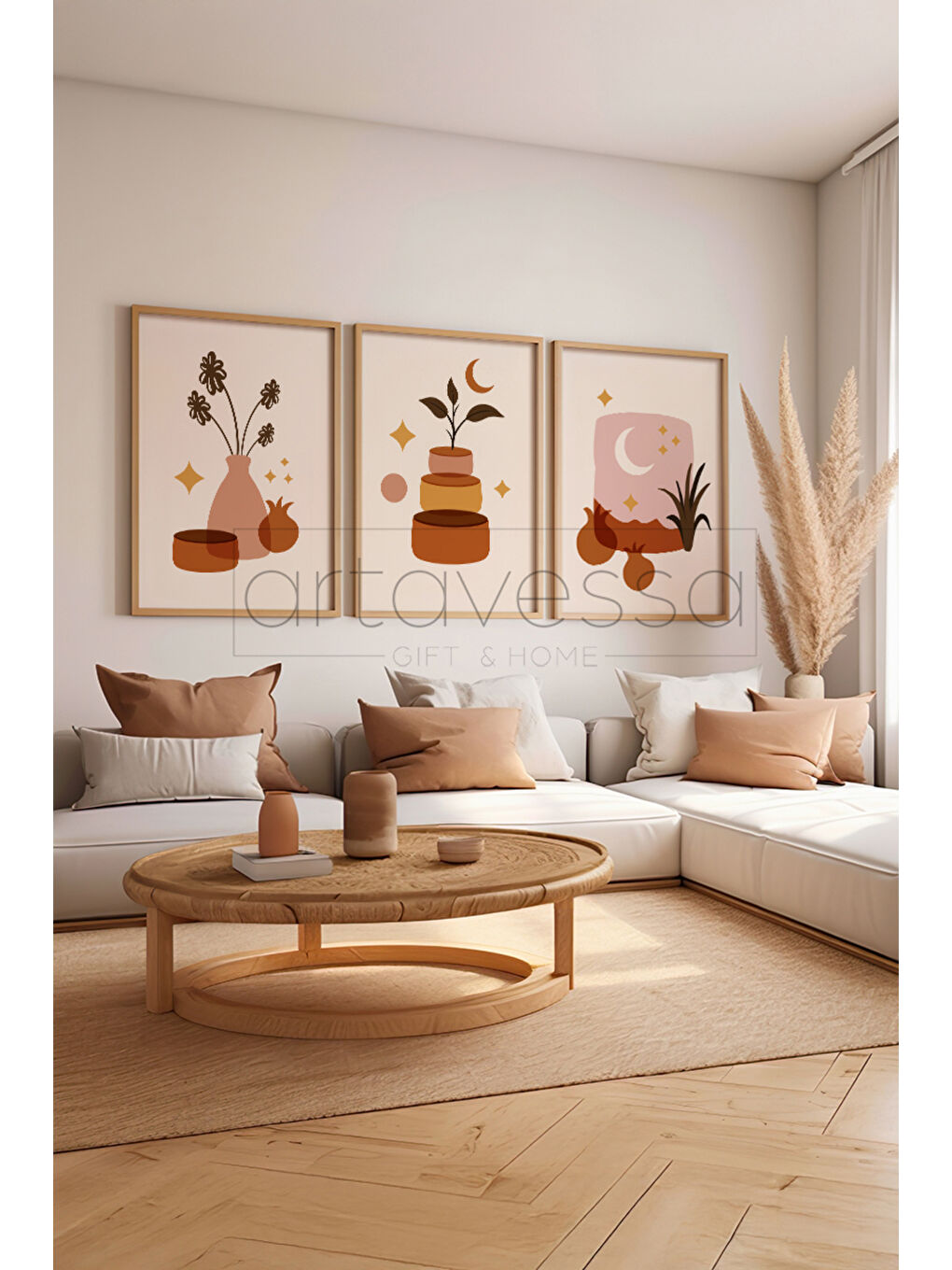 Beyaz 3 Parça Gerçek Ham Ahşap Çerçeveli Tablo Seti - Model 6 - AVSS3LUMDL6-2030