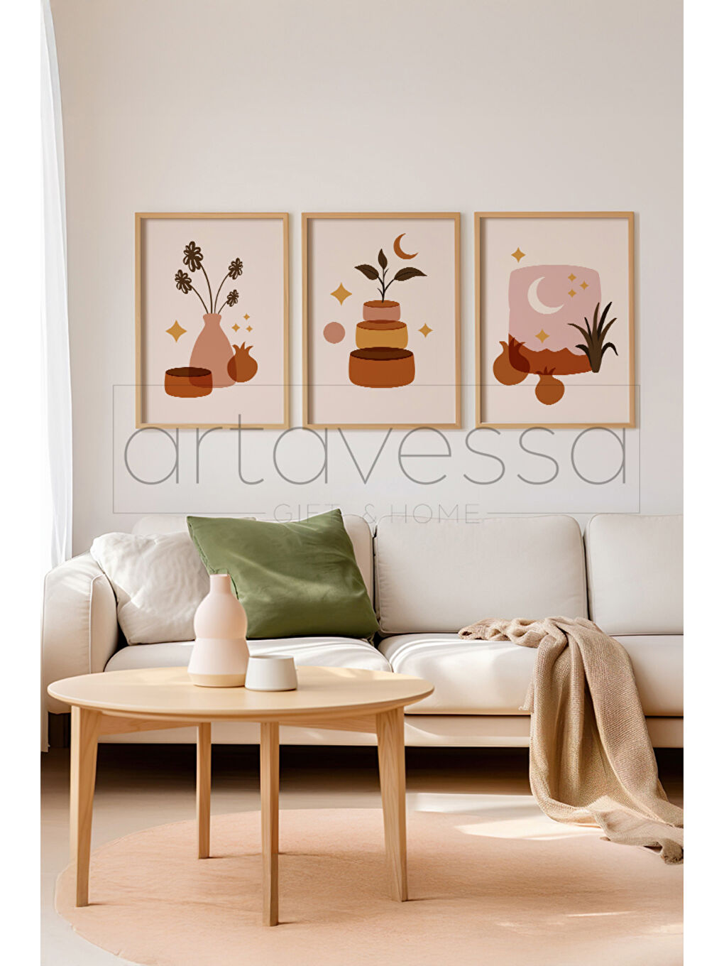 Beyaz 3 Parça Gerçek Ham Ahşap Çerçeveli Tablo Seti - Model 6 - AVSS3LUMDL6-2030-1