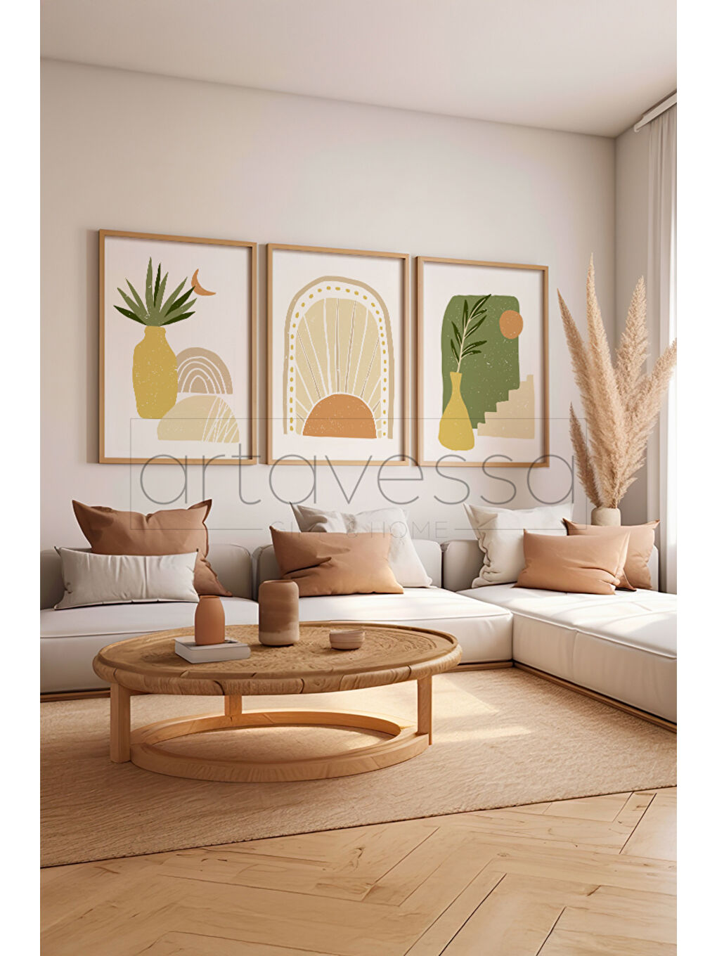 Beyaz 3 Parça Gerçek Ham Ahşap Çerçeveli Tablo Seti - Model 7 - AVSS3LUMDL7-5070