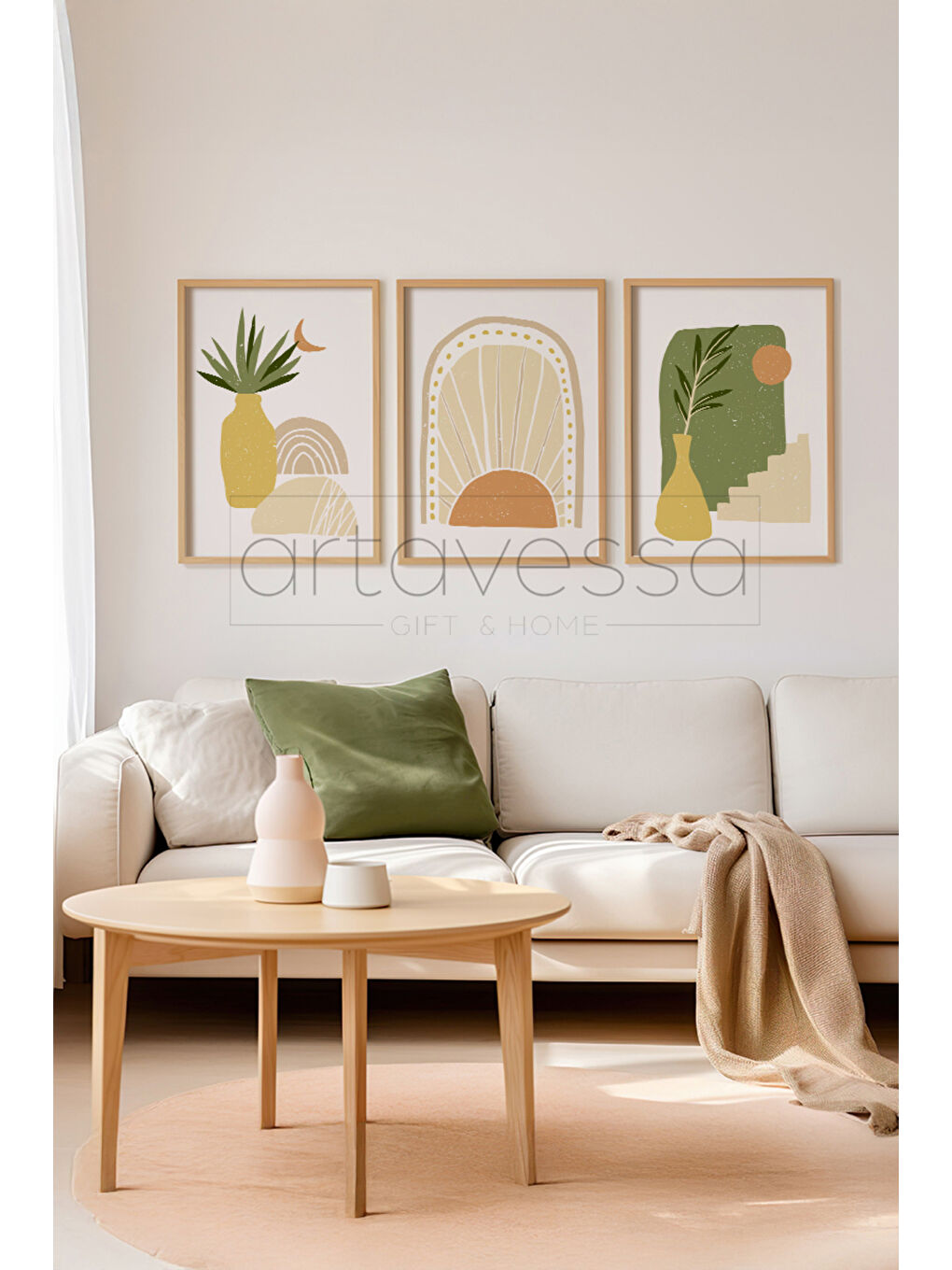 Beyaz 3 Parça Gerçek Ham Ahşap Çerçeveli Tablo Seti - Model 7 - AVSS3LUMDL7-5070-1