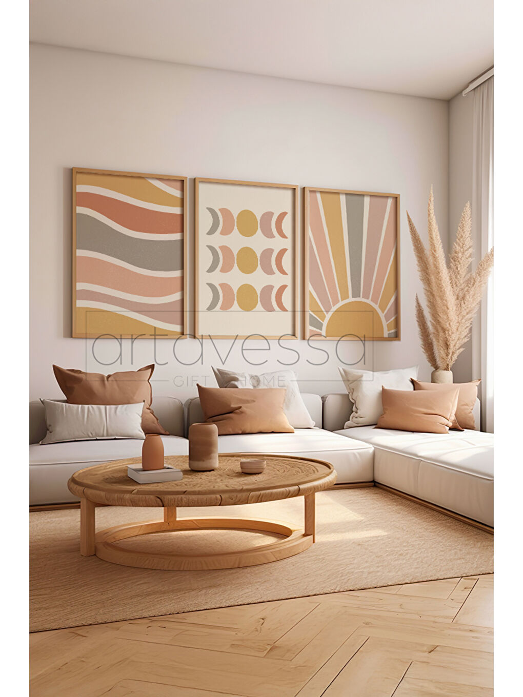 Beyaz 3 Parça Gerçek Ham Ahşap Çerçeveli Tablo Seti - Model 9 - AVSS3LUMDL9-5070