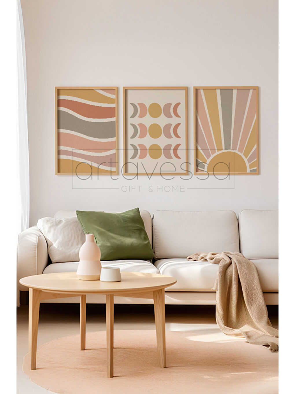 Beyaz 3 Parça Gerçek Ham Ahşap Çerçeveli Tablo Seti - Model 9 - AVSS3LUMDL9-5070-1