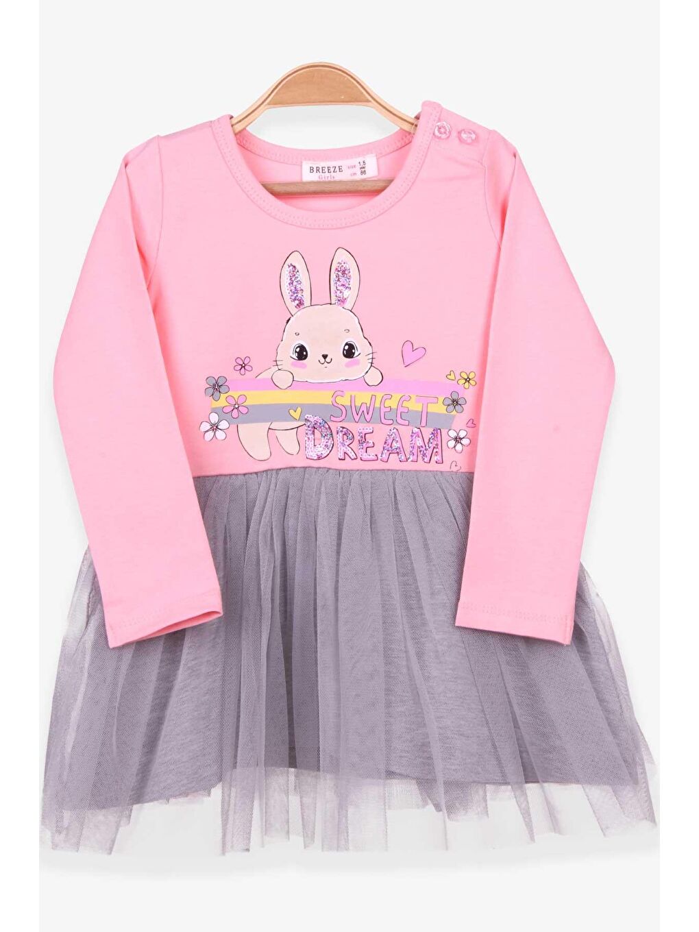 Pembe Kız Bebek Uzun Kollu Elbise Tavşan Baskılı Pudra (1.5-2 Yaş)