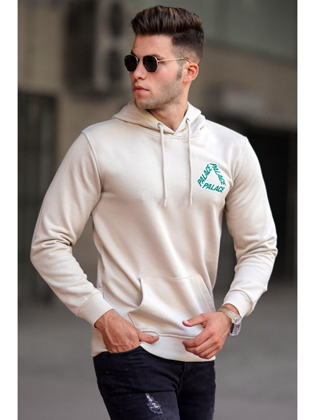 Bej Baskılı Erkek Hoodie 5303