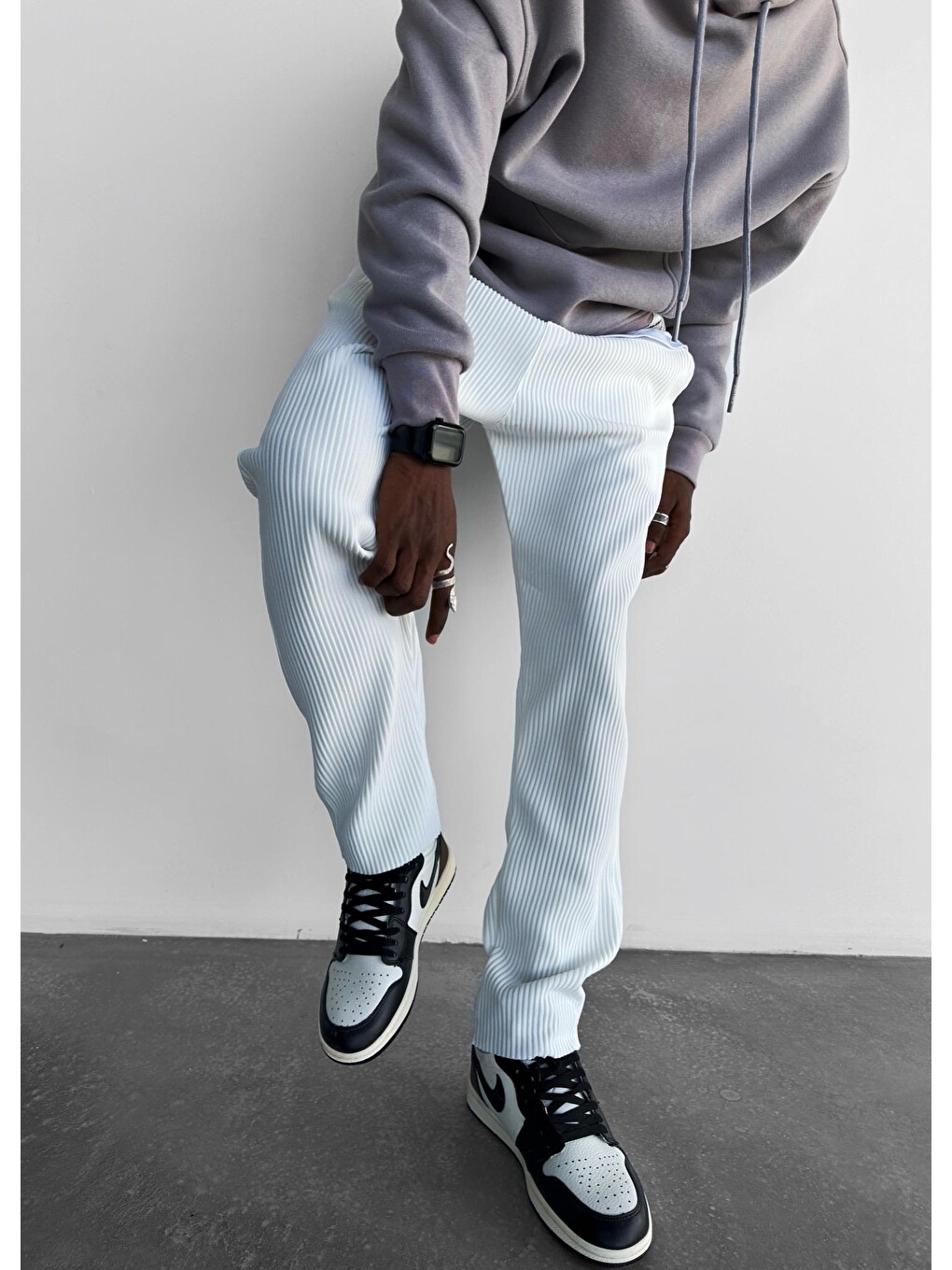 Oversize Fitilli Erkek Pantolon Beyaz-2