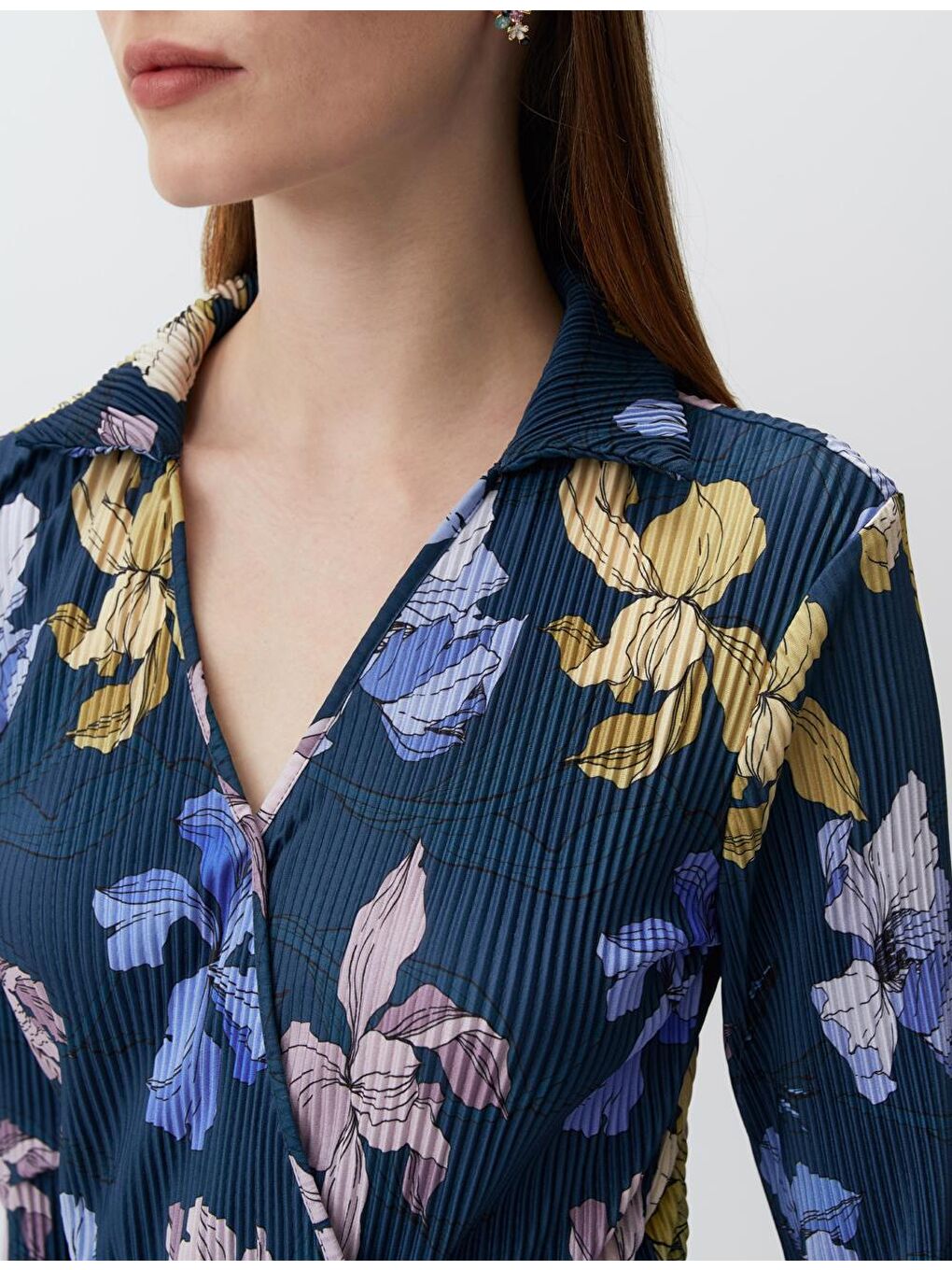 Lacivert Truvakar Kol Desenli Piliseli Midi Elbise-5