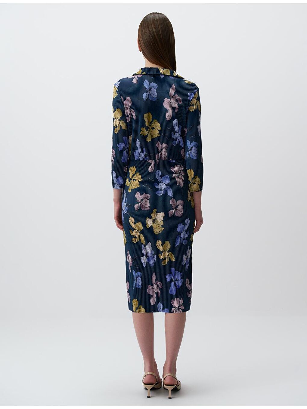 Lacivert Truvakar Kol Desenli Piliseli Midi Elbise-6